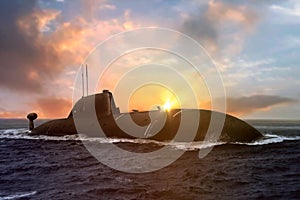 Naval submarine at sea surface during sunset