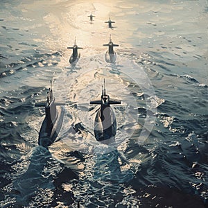 Naval submarines on the surface of the ocean. Nuclear-powered submarines