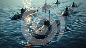 Naval submarines on the surface of the ocean. Nuclear-powered submarines