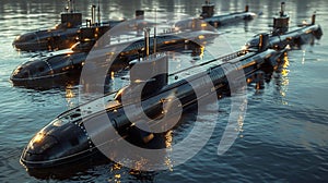 Naval submarines on the surface of the ocean. Nuclear-powered submarines