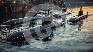 Naval submarines on the surface of the ocean. Nuclear-powered submarines