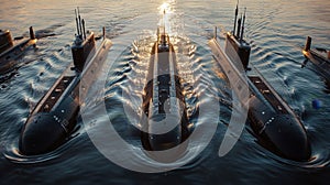 Naval submarines on the surface of the ocean. Nuclear-powered submarines
