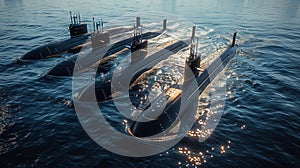 Naval submarines on the surface of the ocean. Nuclear-powered submarines