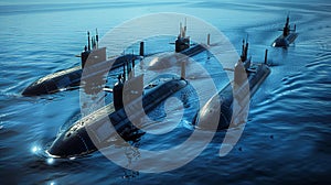Naval submarines on the surface of the ocean. Nuclear-powered submarines