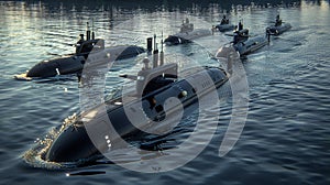 Naval submarines on the surface of the ocean. Nuclear-powered submarines