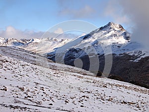 Early autumn snow in the mountains of Navarino island, Province of Chilean Antarctica, Chile