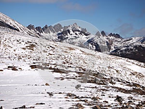 Early autumn snow in the mountains of Navarino island, Province of Chilean Antarctica, Chile photo