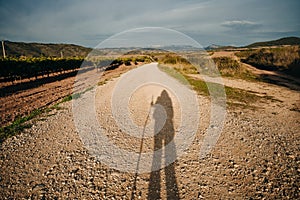 NAVARRE, SPAIN - OCTOBER 2022 pilgrim walking in French Way Camino Frances to Santiago de Compostela