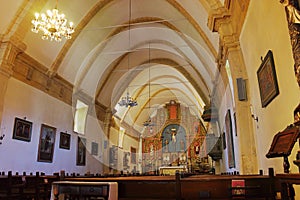 Nave of Historic Spanish Mission Church at Carmel, Big Sur, California