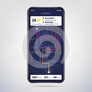 Navigate on city map. Online navigator app. Gps navigation application on phone screen. Vector eps 10