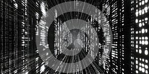 Navigate digital tunnel with binary code, abstract data stream and future tech