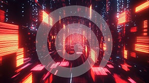 Navigating abstract red digital data tunnel cyberspace