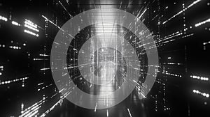 Navigating digital data tunnel showing abstract technology network