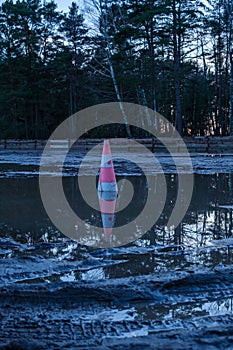 Navigating Obstacles: Traffic Cone Amidst Muddy Waters