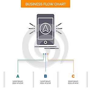 navigation, app, camping, gps, location Business Flow Chart Design with 3 Steps. Glyph Icon For Presentation Background Template