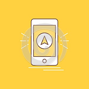 navigation, app, camping, gps, location Flat Line Filled Icon. Beautiful Logo button over yellow background for UI and UX, website