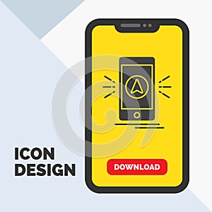 navigation, app, camping, gps, location Glyph Icon in Mobile for Download Page. Yellow Background