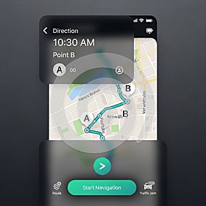 Navigation app interface showing a route from Point A to Point B on a map. The map