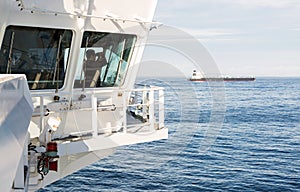 Navigation bridge of oil tanker with watch officer