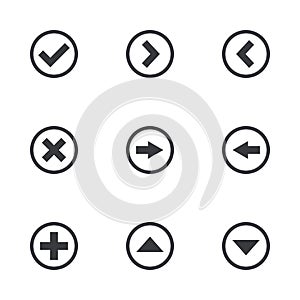 Navigation button set. Vector icon. Add, approve and cancel icon. Arrows sign