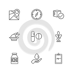 navigation , compass , medicine , ecg , fruits , health , fitness , medical , food eps icons set vector