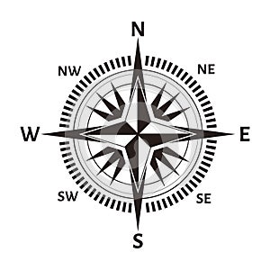 Navigation compass or wind rose icon. Vector retro nautical or marine cartography map with North, South