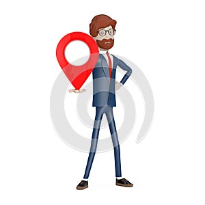 Navigation Concept. Cartoon Character Businessman with Red Map Pointer Pin in Hand. 3d Rendering