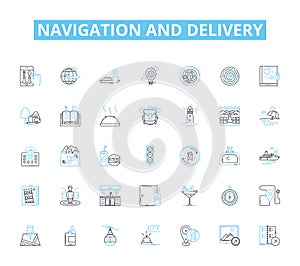 Navigation and delivery linear icons set. Routing, Dispatch, Shipment, Wayfinding, Tracking, Logistics, Movement line