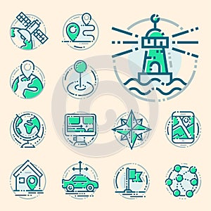 Navigation direction maps sign traffic and more thin line icons set vector illustration