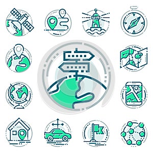 Navigation direction maps sign traffic and more thin line icons set vector illustration