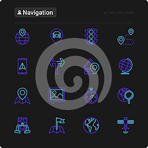 Navigation and direction thin line icons set