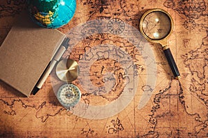 Navigation Explore of Journey Planning With Compass and Magnifying Glass Layout on World Map Background., Expeditions Investigate