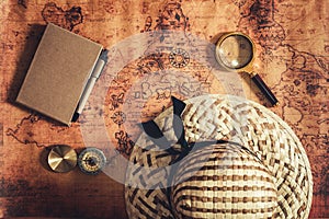 Navigation Explore of Journey Planning, Travel Destination and Expedition Plan Vacation trip., Close Up of Layout Magnifying Glass