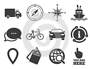 Navigation, gps icons. Windrose, compass signs. Vector