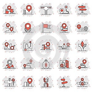 Navigation icon set in comic style. Gps direction cartoon vector illustration on white isolated background. Locate pin position