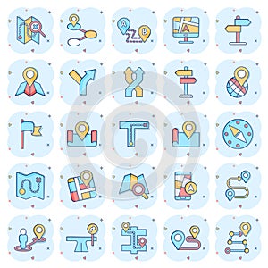 Navigation icon set in comic style. Gps direction cartoon vector illustration on white isolated background. Locate pin position