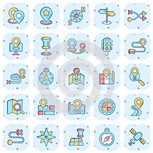 Navigation icon set in comic style. Gps direction cartoon vector illustration on white isolated background. Locate pin position