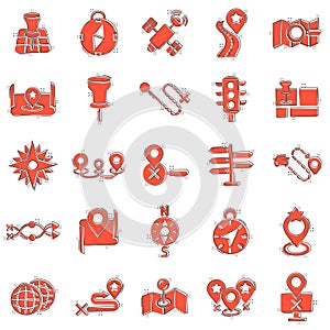 Navigation icon set in comic style. Gps direction cartoon vector illustration on white isolated background. Locate pin position
