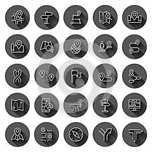 Navigation icon set in flat style. Gps direction vector illustration on black round background with long shadow effect. Locate pin