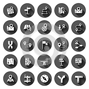 Navigation icon set in flat style. Gps direction vector illustration on black round background with long shadow effect. Locate pin