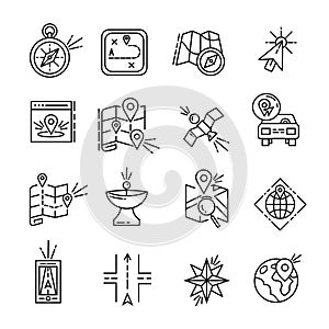 Navigation icon set Location line icons City map with destination information Thin vector