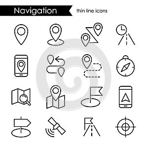 Navigation icon set, thin line stroke, route map