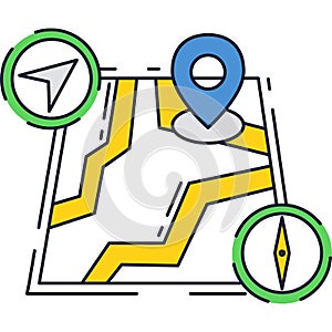 Navigation icon vector gps map with road pin