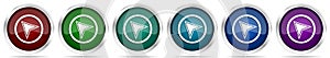 Navigation icons, set of silver metallic glossy web buttons in 6 color options isolated on white background