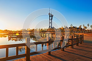 The navigation light and wooden trestle