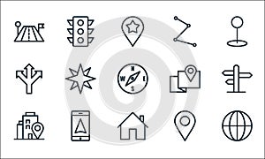 Navigation line icons. linear set. quality vector line set such as worldwide, home, adress, location pin, gps phone, direction,