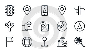 Navigation line icons. linear set. quality vector line set such as comunications, pin, flag, adress, worldwide, direction, compass photo