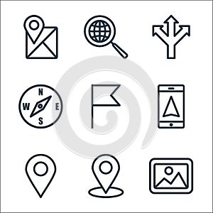 Navigation line icons. linear set. quality vector line set such as photo, location, location pin, gps phone, flag, compass,