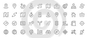 Navigation line icons set. Road trip path, trail, home marker, journey, compass, globe, country, geography, tourism