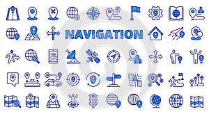 Navigation Location icons in line design blue. Map, destination, place, point, GPS, distance, destination, navigation